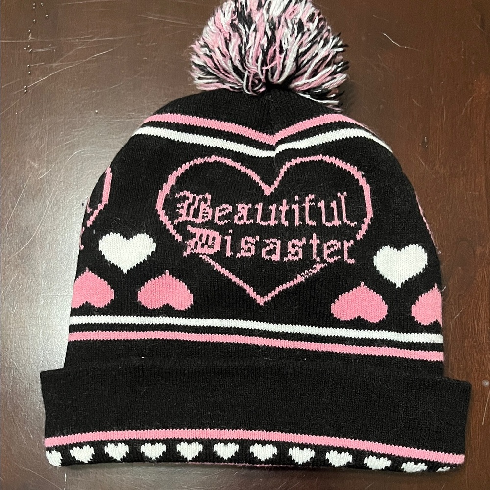 Black and Pink Heart Pom Beanie with 'Beautiful Disaster' Motif
